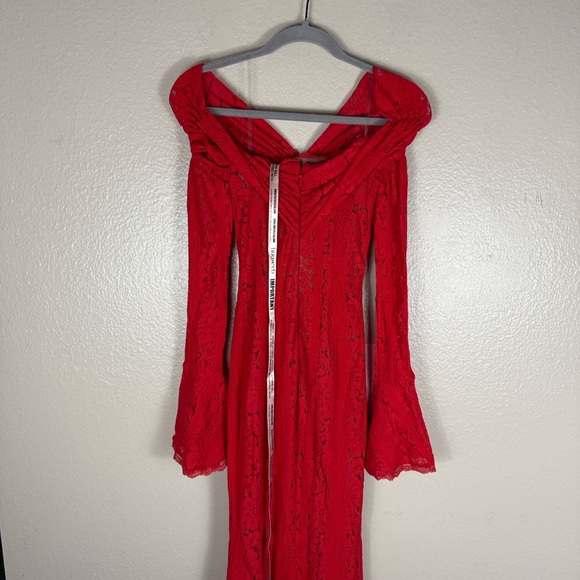 House of CB Belle Red Off Shoulder Floral Lace Maxi Dress - Picture 5 of 9